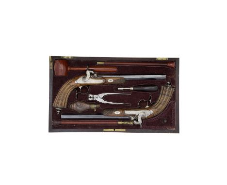 A Cased Pair Of Continental 40-Bore Percussion Target PistolsMid-19th CenturyWith blued octagonal sighted barrels each rifled