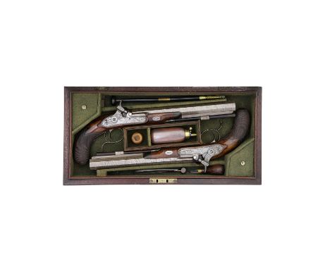 A Cased Pair Of 40-Bore Percussion Duelling PistolsBy Joseph Manton, London, No. 6239 for 1814Converted from flintlock, with 