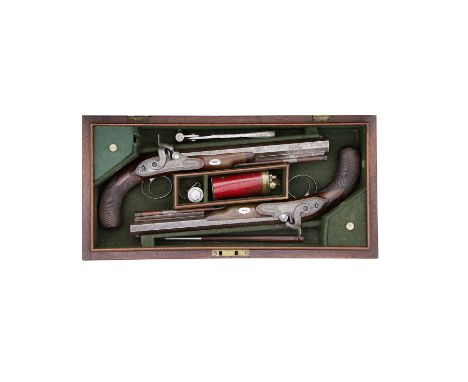 A Cased Pair Of 40-Bore Percussion Duelling PistolsBy Joseph Manton, London, No. 5135 For 1810Converted from flintlock, with 