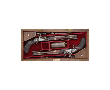 A Cased Pair Of 22-Bore Flintlock Duelling PistolsSigned W. Parker, Holborn, London, No. 2309, Circa 1815-20With rebrowned tw