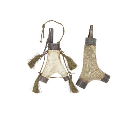 Two German Powder-FlasksThe First Dated Ao Dni 1570, The Second Late 16th CenturyBoth with forked body of natural staghorn, t