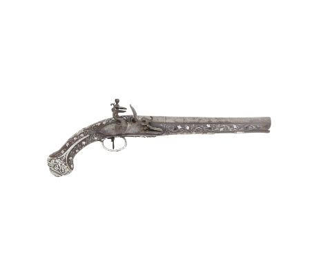 A Turkish 16-Bore Flintlock Silver-Mounted Holster PistolTurkish Silver Tughra Marks, Early 19th CenturyWith English three-st