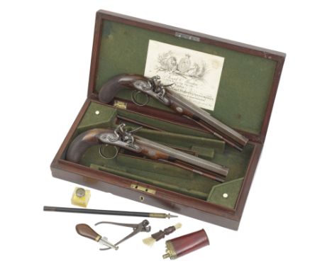 A Cased Pair Of Flintlock Duelling PistolsBy Joseph Manton, London, No. 6448 For 1814With rebrowned twist octagonal sighted s