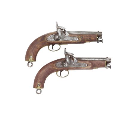 A Brace Of 25-Bore Percussion Coastguard Pistols Dated 1855Each with plain sighted barrel and tang, the latter with back-sigh