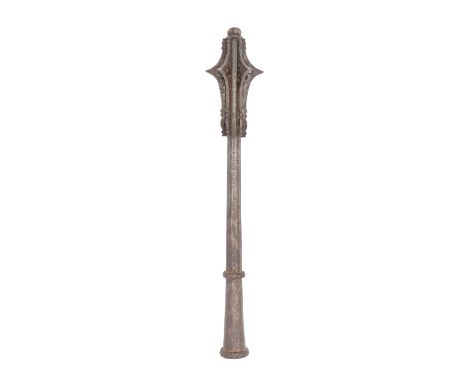 A German Gothic MaceCirca 1500Of iron, the head of six shaped acutely pointed flanges each pierced with three circular holes 