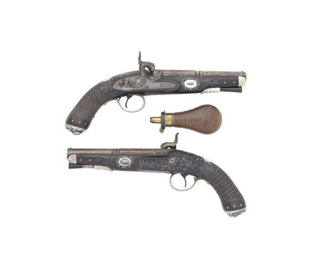 A Cased Pair Of Unusual 54-Bore Percussion PistolsBy Nixon, Newark, Mid-19th CenturyWith two-stage browned twist sighted barr