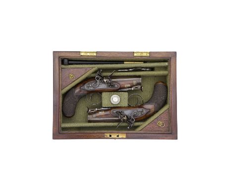 A Cased Pair Of 20-Bore Flintlock Travelling PistolsSigned Smith, London, Circa 1815-20With browned twist octagonal sighted b