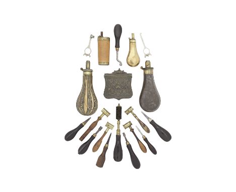 A Group Of Accessories Relating To Antique And Vintage Firearms Mostly 19th CenturyComprising a James Dixon &amp; Sons powder