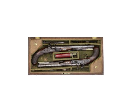 A Cased Pair Of 40-Bore Flintlock Duelling PistolsBy Mortimer, London, Early 19th CenturyWith octagonal sighted barrels (surf