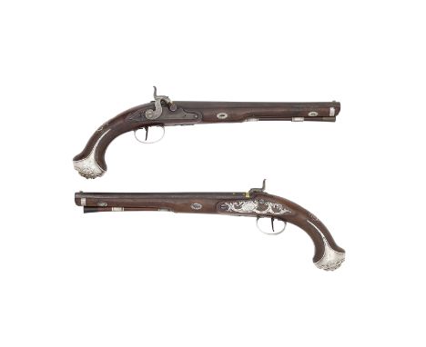 A Rare Pair Of 40-Bore Percussion Silver-Mounted Duelling Pistols By Wogdon, London, London Silver Hallmarks for 1771, Maker'