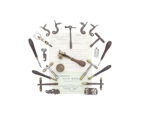 A GROUP OF ACCESSORIES RELATING TO ANTIQUE AND VINTAGE FIREARMSMostly 19th CenturyComprising a brass powder-tester with gradu
