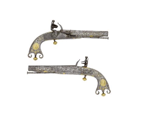 An Unusual Pair Of Scottish 25-Bore Flintlock Gold-Inlaid All-Metal Belt PistolsBy Thomas Murdoch Of Leith And Dounne, Late 1