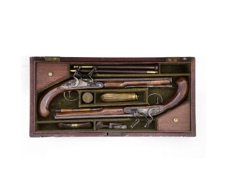 A Cased Pair of 28-Bore Flintlock Duelling Pistols By John Twigg, London, Circa 1775Expertly reconverted from percussion, eac