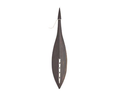 A Solomon Islands Paddle Club20th CenturyOf figured hardwood, the ovoidal head of flattened diamond section inlaid along each