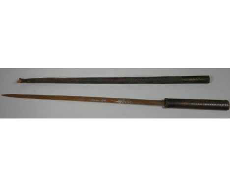 A Victorian sword stick of native manufacture possibly North African, the scabbard and handle covered in worked leather, havi