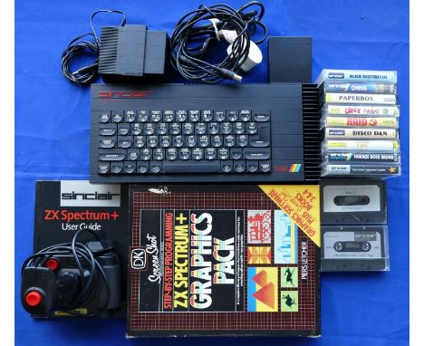 A Spectrum + 128K games console S No 007 004946 compete with power supply unit, joystick, joystick interface, TV lead, Manual