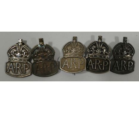 A WWII group of 5 silver A.R.P. badges, 4 x London 1938, 1 x 1939 