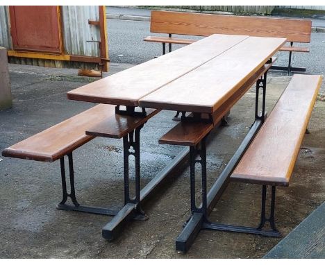 Metamorphic pitch pine church pew, approximately 8ft long, two pews form into a table  / All lots are located at Gower Reclam