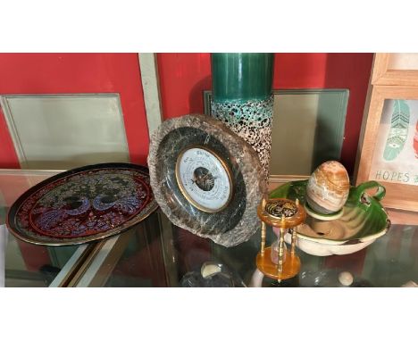 Five assorted items including a stoneware vase, 23cm high, enamel candle holder, gemstone egg, a barometer set in stone, sand