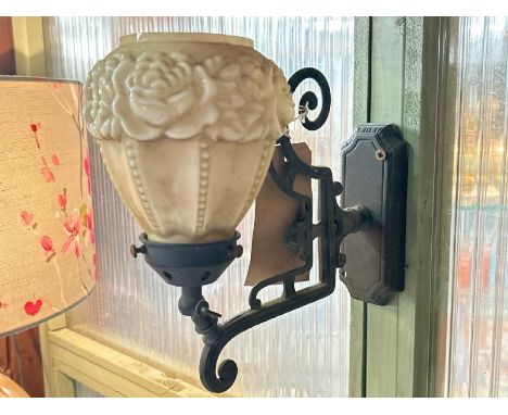 Reprodcution victorian wall lamp with milk glass shade fitted for electricity, untested, 24cm high and 28cm long  / All lots 