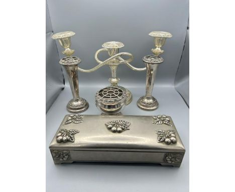Assorted silver plate including trinket box, candelabra, 20cm (h) x 31cm (w), and more  / All lots are located at Gower Recla