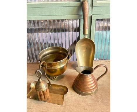 Collection of brass and copperware including a Weberware copper jug, crumb brush and pan, twin handled pot and coal shovel  /