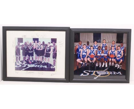 Basketball: A collection of Derby Storm framed items to include two signed team photographs, and a programme, team photo and 