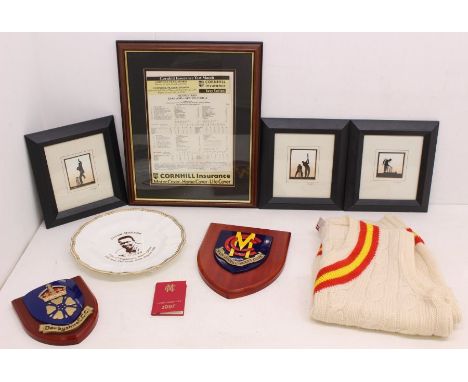 Cricket: A collection of assorted cricket memorabilia to include: Devon Malcolm 9 for 57 Royal Crown Derby plate, with scorec