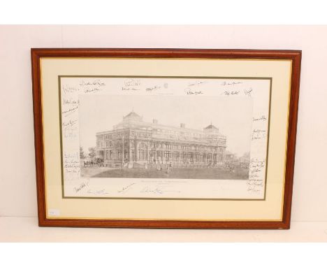 Cricket: A framed and glazed signed montage of various cricketers signatures upon a Marylebone Cricket Club print to comprise