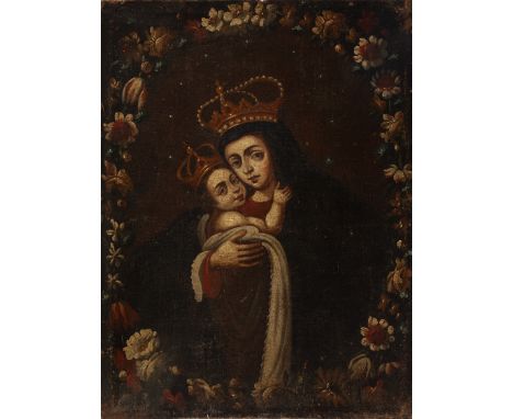 Spanish School, XVIII century."Virgin with Child and floral garland".Oil on burlap.Measurements: 88 x 77 cm.This painting, of