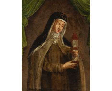 Spanish school of the XVII century."Santa Clara".Oil on copper.With period frame.Presents faults and repainting. Jumps in the