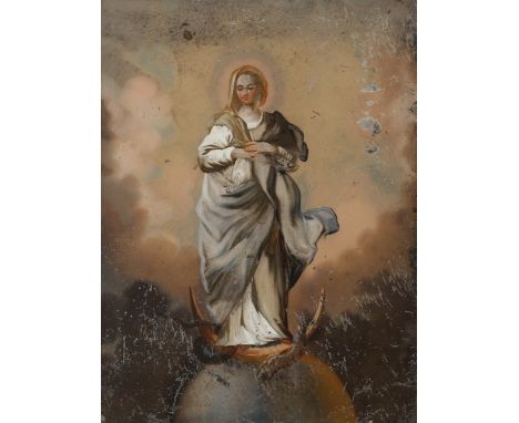 Spanish school end of XVIII century."Immaculate Conception.Oil on glass.Measurements: 27 x 20 cm., 40 x 33 cm. (frame).Oil on