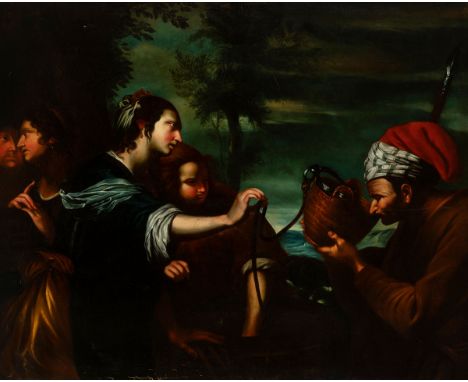 Italian school; 18th century."Rebecca and Eliezer at the well".Oil on canvas. Relined.Presents repainting and restorations.Me