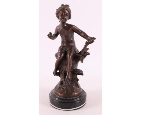 A bronze sculpture of a female nude on a tree stump, on a natural stone base, in the style of August Moreau, France, around 1