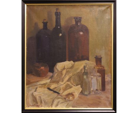 Baan van der, Jan Lucas (Groningen, 1912-1990) "Still life with bottles and pipe", signed in full l.l and '40, oil paint/canv