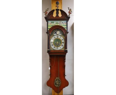 A Groningen model mayor's clock, 19th century. Oak case, double hood with crowning of Atlas and trumpet-blowing angels, pilas