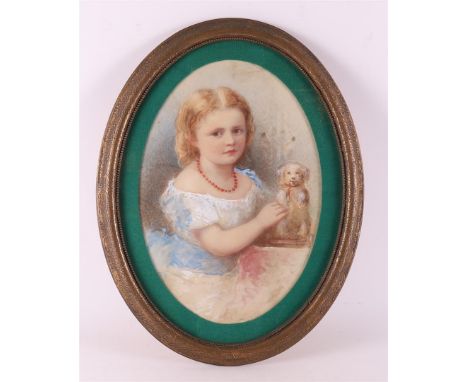 Dutch school, early 20th century "Portrait of a girl with dog", aquare // paper, oval, h 34 x w 23.5 cm. 