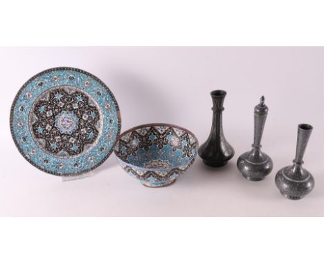 An enamelled so-called Minikari bowl and saucer, Persia, 20th century. This includes carafe and vases, up to. 5x. 