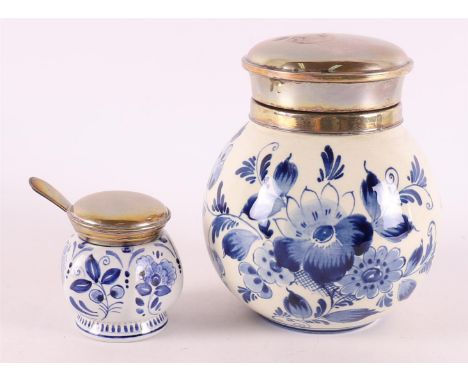 A Delft blue earthenware tea caddy with second grade 835/1000 silver lid, 20th century. Here is ditto earthenware mustard pod
