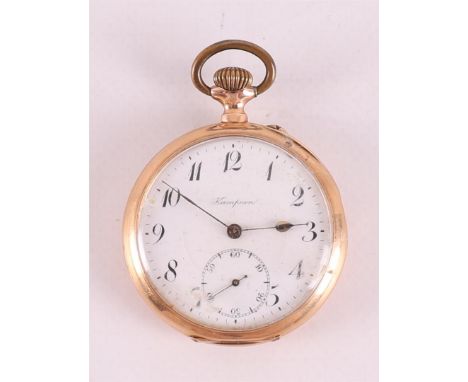 A Kampioen men's vest pocket watch in 14 kt 585/1000 gold case, around 1900. White enamel dial with Arabic numerals, gross we