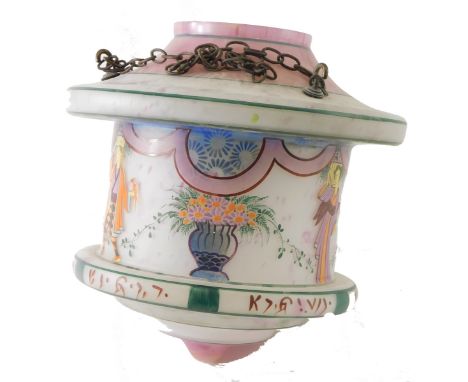 An early 20thC frosted glass shade, hand painted with exotic birds and figures, with a blue floral sponging, 32cm high. 