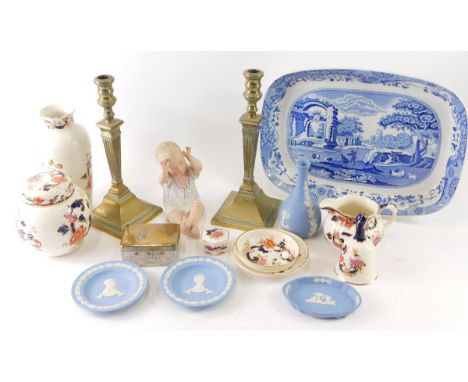 Various china, Mason's Ironstone Mandalay pattern vase, 22cm high, hand bell, lidded ginger jar, etc., pair of brass candlest