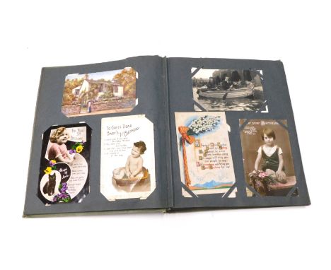 Various postcards, early 20thC and later scenes, figures in rowing boat, cat cards, Loving, Birthday Wishes, and other printe