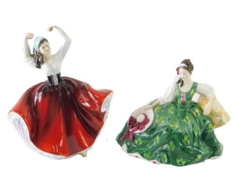 Two Royal Doulton figures, Elyse, HN2474, printed marks beneath, 17cm high, and Karen. (2) 