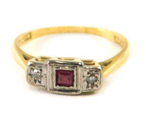 An 18ct gold ruby and diamond set Art Deco ring, size K, 2.3g all in.