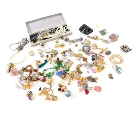Various costume jewellery, pendant brooch, 5cm wide, various marcasite and other jewellery, necklaces, faux pearl necklace, e