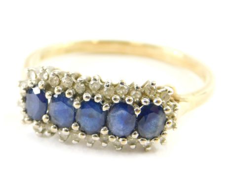 A sapphire and diamond ring in 9ct gold, size T-U, 3g all in.