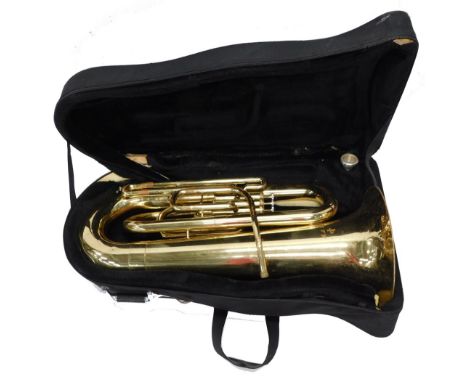 A brass JP177 baritone tuba, with three valves, with mouthpiece, 68cm high, in fitted case.