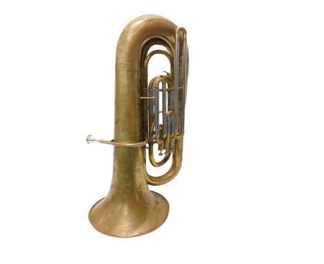 A brass tuba, with four valves, chrome mounts, 106cm high, with separate mouthpiece, in canvas case.