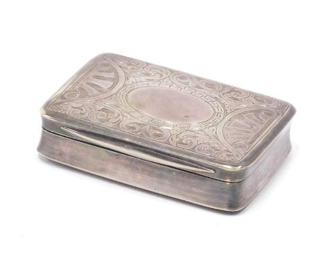 A 19thC snuff box, of rectangular form, engine turned with a plain cartouche and gilt interior, continental marks, white meta